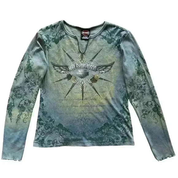 Harley Davison Motorcycles Vintage Y2K Angel Wing Scripture Long Sleeve T-Shirt - Picture 1 of 5